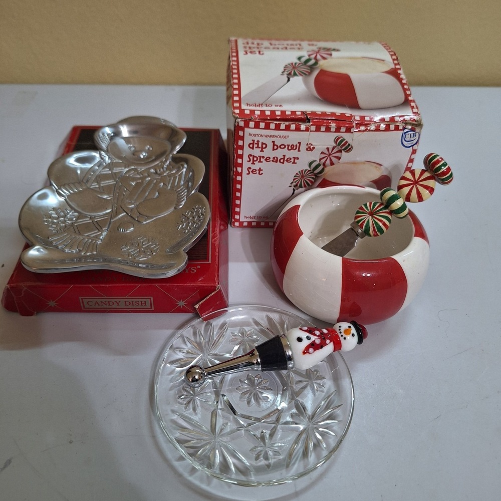 Vintage Christmas Kitchen Lot Candy Dish Dip Bowl Spreader Bottle Stopper